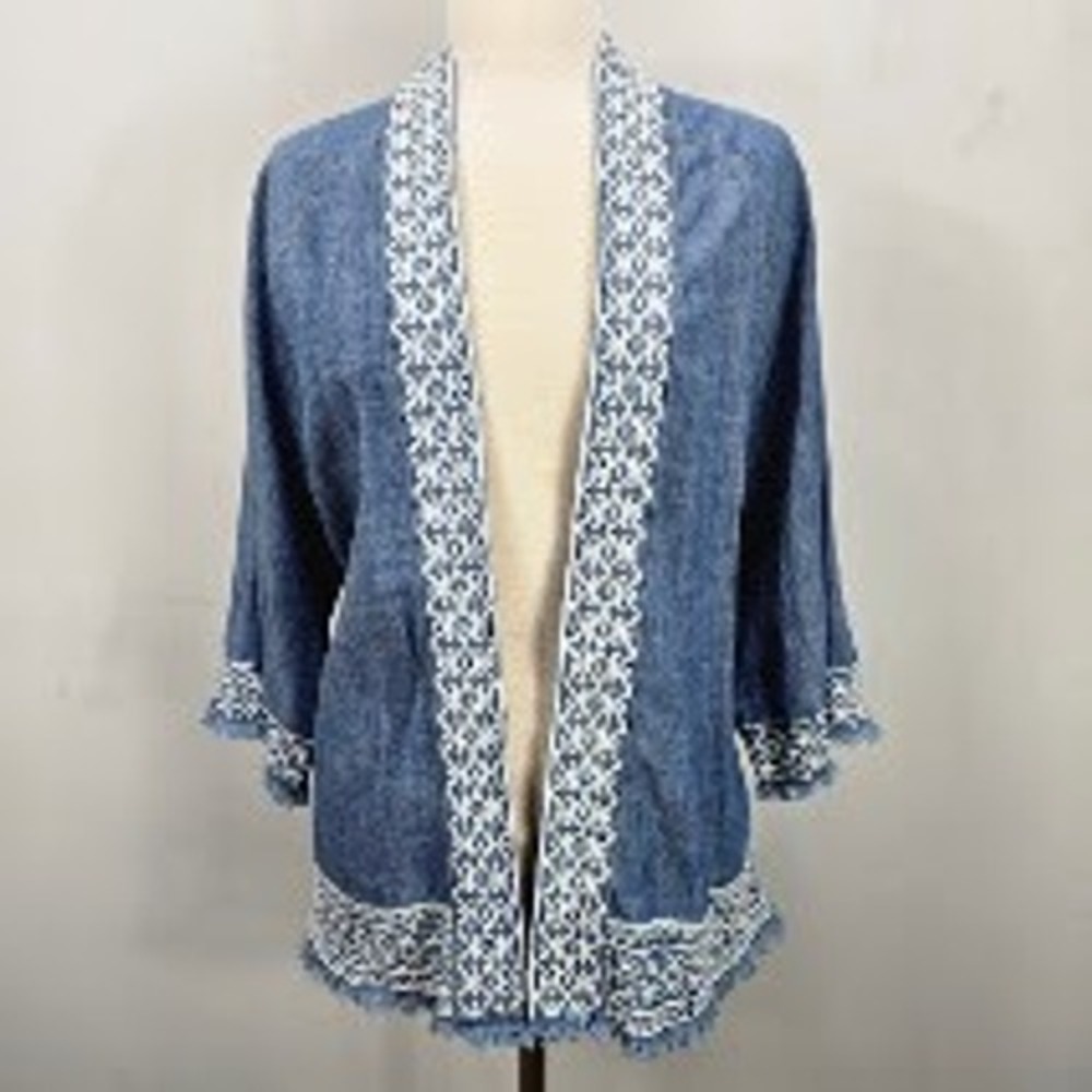 Natural Reflections Open Front Cardigan Kimono M L Chambray Embroidered Boho - Picture 1 of 9